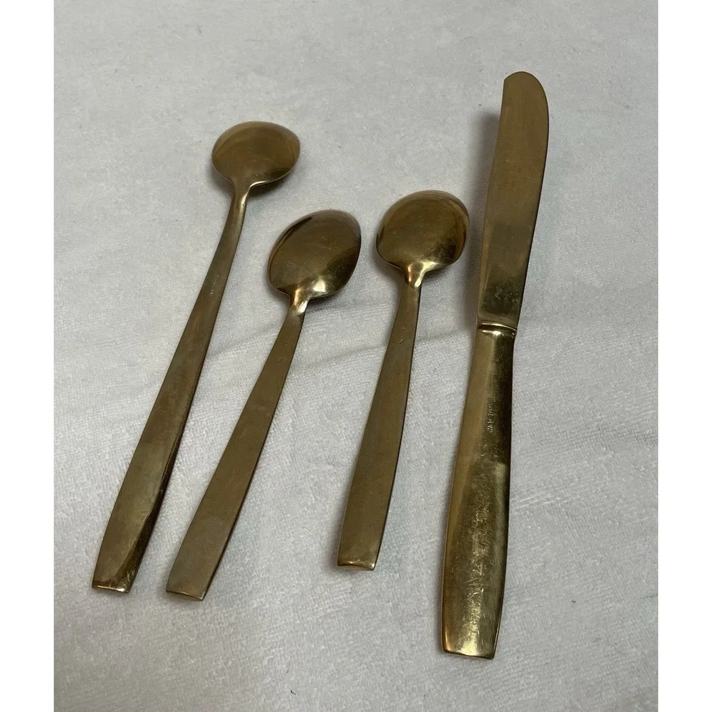 Bronze Ware Flatware 4 Piece 3 Head Elephant Design Bronze Knife Spoons Vtg Siam